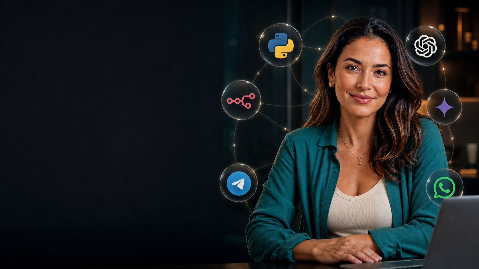 Bella cercada pelos símbolos de Python, n8n, ChatGPT, Gemini, Telegram e WhatsApp